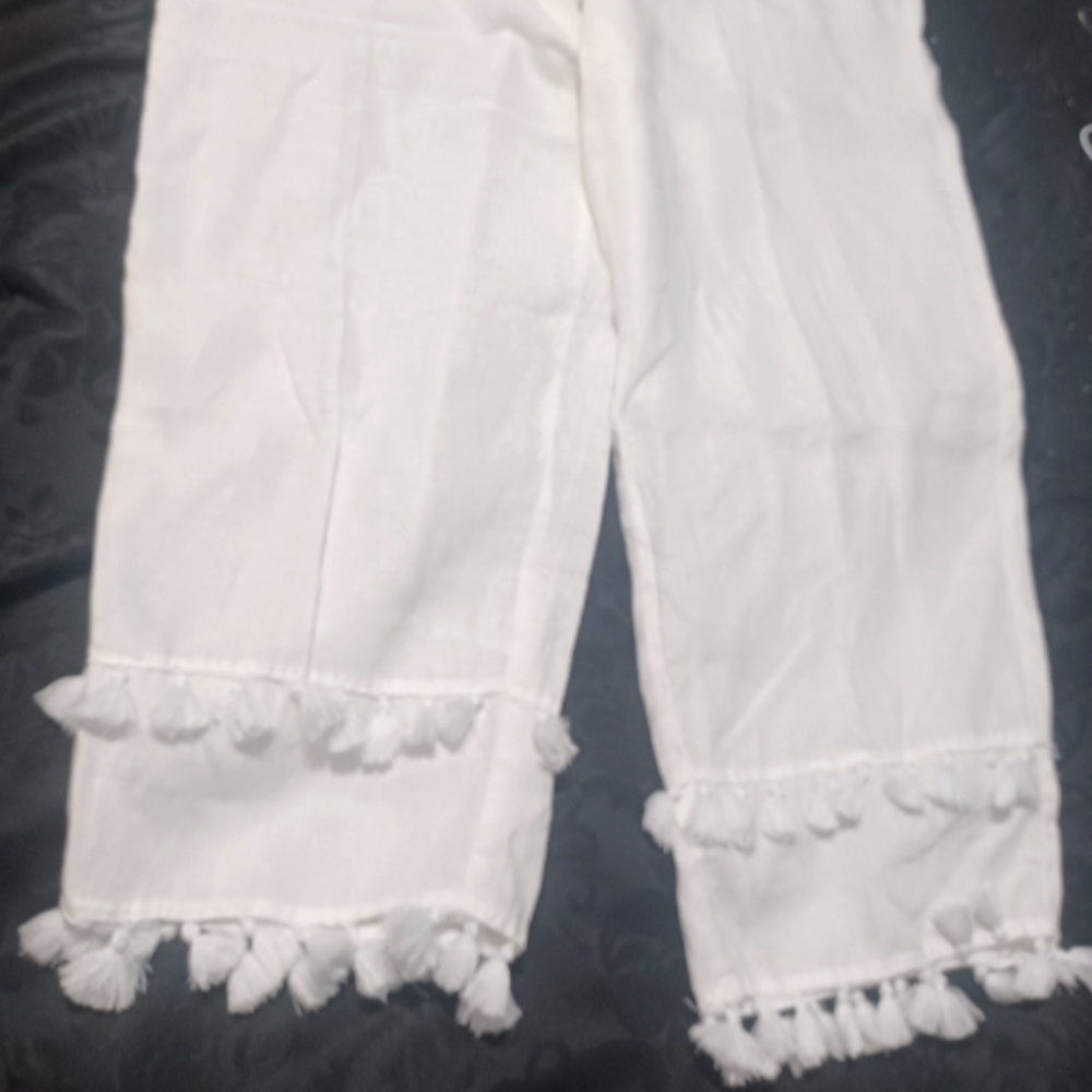 White Linen Size XL Ladies Summer Tassel Trim Pants 100% Linen By Cynthia Rowley
